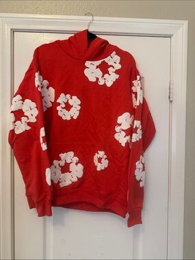 Men's Red Floral-Print Cowl/Turtleneck Hoodie - Casual Pullover